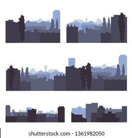 Purple cityscape. Background image of the city in gray-purple colors. Architectural landscape. A multi-faceted perspective of the city. City landscape.