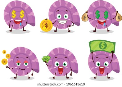 Purple clam cartoon character with cute emoticon bring money