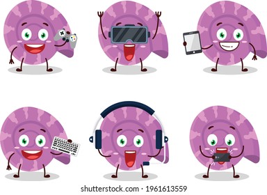 Purple clam cartoon character are playing games with various cute emoticons