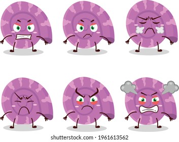 Purple clam cartoon character with various angry expressions