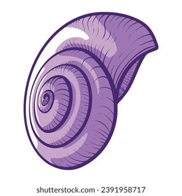 Purple clam shell ocean exotic underwater seashell conch aquatic mollusk engraved vector illustration. Violet ornamental sea spiral snail marine tropical beach nature aquatic water cartoon habitat