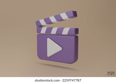 Purple Clapper board icon isolated on beige background. Media player icons. Video player icons.  Film clapperboard, video movie equipment. 3D Vector Illustrations.