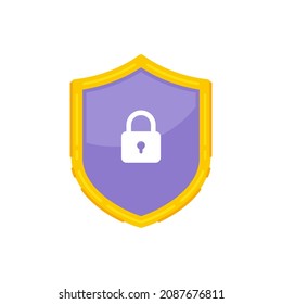 Purple classic shield with yellow frame and lock vector flat illustration. Security antivirus padlock for anonymous cyberspace check information isolated on white. Heraldic protection secure barrier