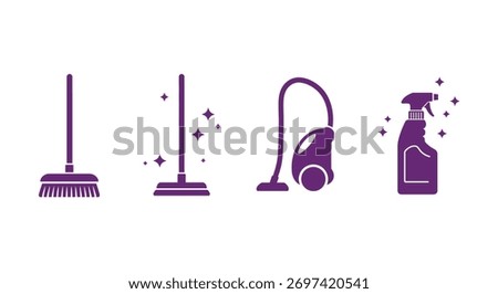 Purple cleaning tools illustration featuring a broom mop vacuum and spray bottles