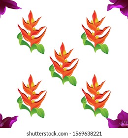 Purple Clematis. Orange Heliconia. Vector illustration. Seamless background pattern. Floral botanical flower. Wild leaf wildflower isolated. Exotic tropical hawaiian jungle. Fabric wallpaper print.