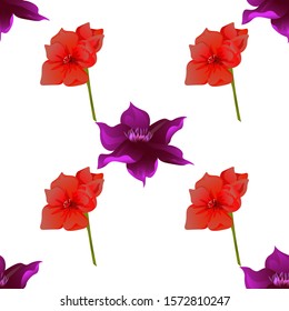 Purple Clematis. Red Amaryllis. Vector illustration. Seamless background pattern. Floral botanical flower. Wild leaf wildflower isolated. Exotic tropical hawaiian jungle. Fabric wallpaper print.