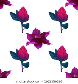 Purple Clematis. Red Vriesea. Vector illustration. Seamless background pattern. Floral botanical flower. Wild leaf wildflower isolated. Exotic tropical hawaiian jungle. Fabric wallpaper print texture.