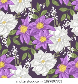 Purple clematis and white peony flowers. Vector seamless pattern with floral theme and hand drawn illustrations