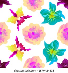 Purple Clematis. Yellow Magnolia. Pink Orchid. Green Plumeria. Vector illustration. Seamless background pattern. Floral botanical flower. Wild leaf wildflower isolated. Exotic tropical hawaiian.