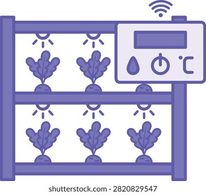 Purple Climate Control Panel Icon. Vector Illustration. Electronic Device That Controls Temperature, Lighting, Heating, and Watering Plants in a Greenhouse. Agrotechnology and Smart Farming Concept
