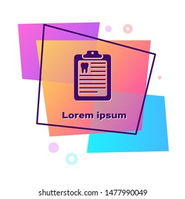 Purple Clipboard with dental card or patient medical records icon isolated on white background. Dental insurance. Dental clinic report. Color rectangle button. Vector Illustration