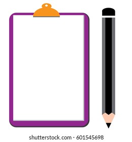 Purple clipboard with white paper and black pencil put alongside for business education.