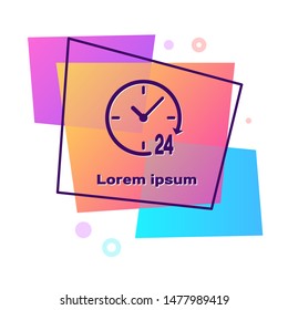 Purple Clock 24 hours icon isolated on white background. All day cyclic icon. 24 hours service symbol. Color rectangle button. Vector Illustration