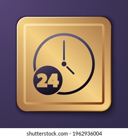 Purple Clock 24 hours icon isolated on purple background. All day cyclic icon. 24 hours service symbol. Gold square button. Vector Illustration