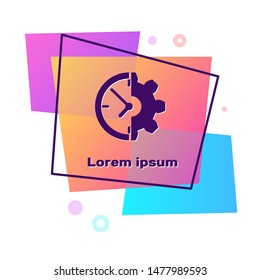 Purple Clock and gear icon isolated on white background. Time Management symbol. Business concept. Color rectangle button. Vector Illustration