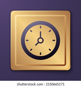 Icono de Reloj púrpura aislado en fondo púrpura. Símbolo de tiempo. Botón cuadrado de oro. Vector
