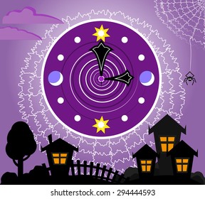 Purple clock over white spider webs and silhouettes of houses. Vector.