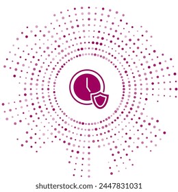 Purple Clock with shield icon isolated on white background. Security, safety, protection, privacy concept. Abstract circle random dots. Vector