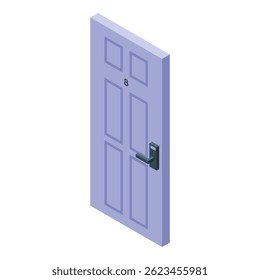 Purple closed door number eight with modern electronic lock system in isometric view