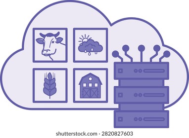 Purple Cloud Farm Data Storage Icon. Vector Illustration. Storing Farm Management Information on Remote Servers. Cloud, Database, Cow, Weather, Wheat, and Barn. Agrotechnology and Smart Farming Concept