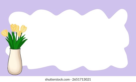Marco de nube púrpura y tulipanes amarillos en florero.