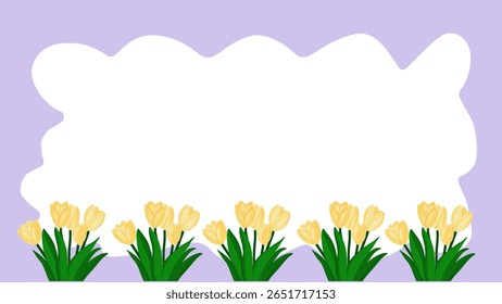 Moldura de nuvem roxa e tulipas amarelas.