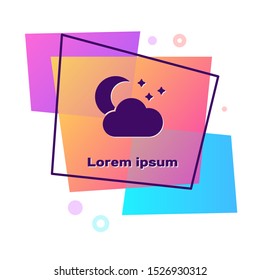Purple Cloud with moon and stars icon isolated on white background. Cloudy night sign. Sleep dreams symbol. Night or bed time sign. Color rectangle button. Vector Illustration