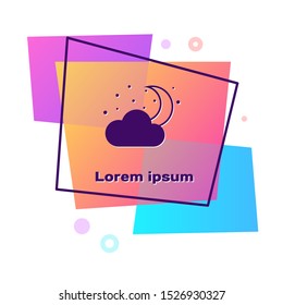 Purple Cloud with moon and stars icon isolated on white background. Cloudy night sign. Sleep dreams symbol. Night or bed time sign. Color rectangle button. Vector Illustration