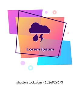 Purple Cloud with rain and lightning icon isolated on white background. Rain cloud precipitation with rain drops.Weather icon of storm. Color rectangle button. Vector Illustration