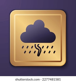 Purple Cloud with rain and lightning icon isolated on purple background. Rain cloud precipitation with rain drops.Weather icon of storm. Gold square button. Vector