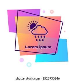 Purple Cloud with rain and sun icon isolated on white background. Rain cloud precipitation with rain drops. Color rectangle button. Vector Illustration
