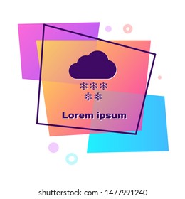 Purple Cloud with snow icon isolated on white background. Cloud with snowflakes. Single weather icon. Snowing sign. Color rectangle button. Vector Illustration