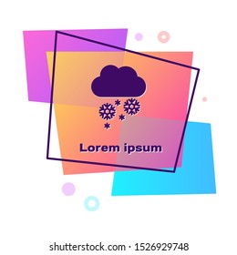 Purple Cloud with snow icon isolated on white background. Cloud with snowflakes. Single weather icon. Snowing sign. Color rectangle button. Vector Illustration