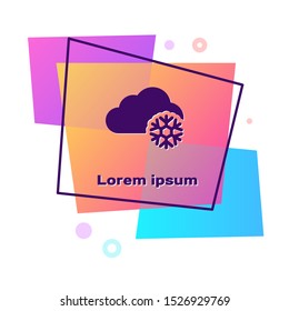 Purple Cloud with snow icon isolated on white background. Cloud with snowflakes. Single weather icon. Snowing sign. Color rectangle button. Vector Illustration