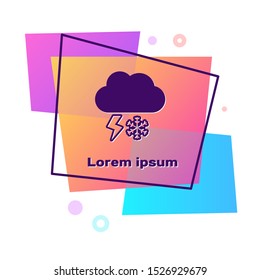 Purple Cloud with snow and lightning icon isolated on white background. Cloud with snowflakes. Single weather icon. Snowing sign. Color rectangle button. Vector Illustration