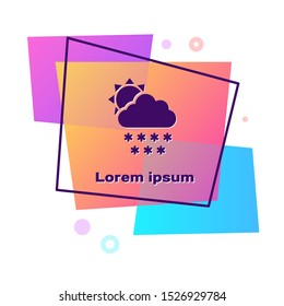 Purple Cloud with snow and sun icon isolated on white background. Cloud with snowflakes. Single weather icon. Snowing sign. Color rectangle button. Vector Illustration