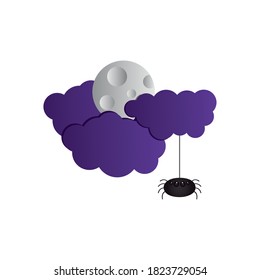 purple clouds and full moon and spider hanging over white background, colorful design, vector illustration