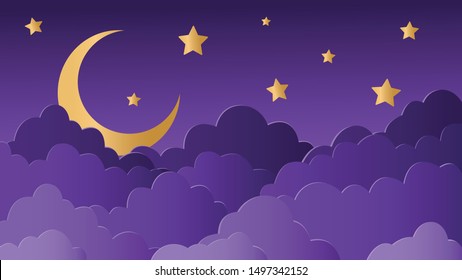 purple clouds with moon and stars