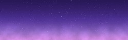Purple Clouds. Night Sky With Stars. Fantasy Color Wide Background. Starry Cosmic Texture. Magic Color Wallpaper. Realistic Soft Clouds. Vector Illustration.
