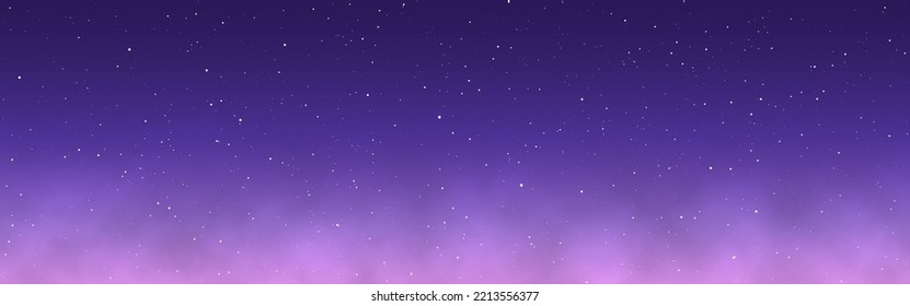 Nubes moradas. Cielo nocturno con estrellas. Fondo ancho de color fantástico. Textura estrellada cósmica. Papel pintado de color mágico. Nubes blandas realistas. Ilustración vectorial.