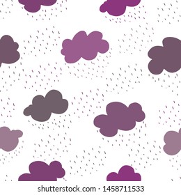 Purple clouds and rain drops seamless pattern. Contemporary minimal repeat vector texture, great for packaging, fabrics, textile, home decor, wallpaper, apparel design and more.