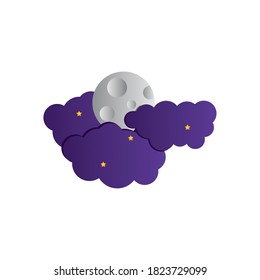 purple clouds with stars and full moon over white background, flat style, vector illustration