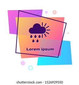 Purple Cloudy with rain and sun icon isolated on white background. Rain cloud precipitation with rain drops. Color rectangle button. Vector Illustration