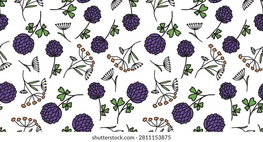 Purple clover, umbrella plants seamless pattern, outline hand drawn vector background, wallpaper, paper, fabric, textile