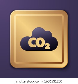 Purple CO2 emissions in cloud icon isolated on purple background. Carbon dioxide formula, smog pollution concept, environment concept. Gold square button. Vector Illustration