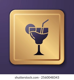 Purple Cocktail and alcohol drink icon isolated on purple background. Gold square button. Vector