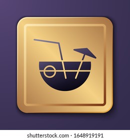 Purple Coconut juice exotic fresh cocktail and umbrella icon isolated on purple background. Gold square button. Vector Illustration