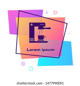 Purple Coffee machine and coffee cup icon isolated on white background. Color rectangle button. Vector Illustration