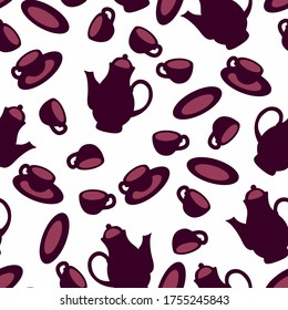 Purple coffee pots and cups vector seamless pattern for decoration, wrapping paper, textiles and backgrounds.