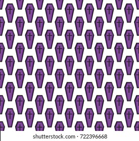 Purple coffin seamless pattern. Death repetitive texture. Halloween endless background. Vector illustration